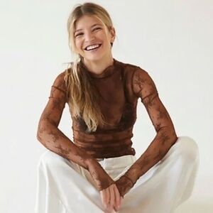Free People Sheer Brown Lace Blouse